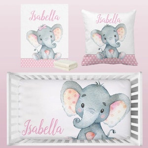 Baby Girl Elephant Personalised Cot Crib Bedding Set Custom Name Blanket Cushion Cover Fitted Sheet 3Pc Bedding Set Baby Shower Newborn Gift