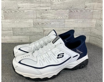 SKECHERS AFTERBURN Mens Slip On Memory Foam Hands Free White Blue 12