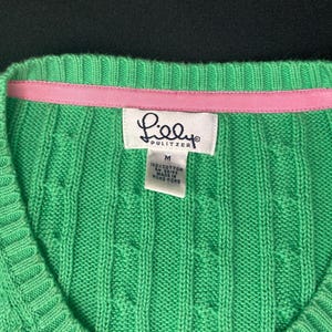 LILLY PULITZER Maria Cotton Cableknit Sweater Green Medium Pink Logo image 5