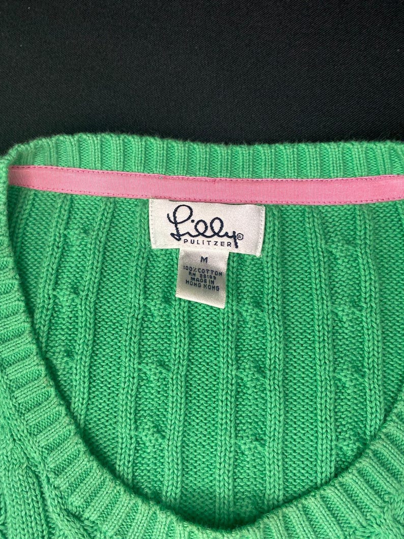 LILLY PULITZER Maria Cotton Cableknit Sweater Green Medium Pink Logo image 5