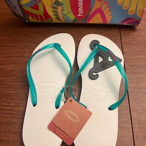 HAVAIANAS SLIM FLIP White Teal Logo Pop Up Sandals Womens 10 10.5 image 1