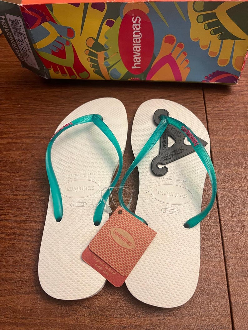 HAVAIANAS SLIM FLIP White Teal Logo Pop Up Sandals Womens 10 10.5 image 1
