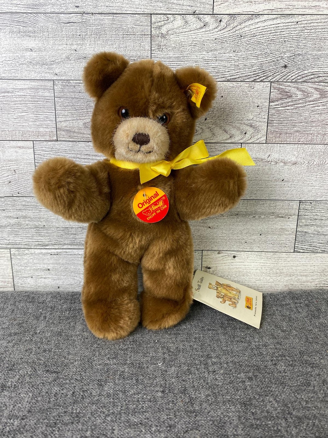 STEIFF BROWN TAN Teddy Bear 8” Yellow Bow Jointed Plush W/ear Button - Etsy