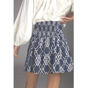 ANTHROPOLOGIE RIMBAUD SKIRT Tie Waist Mini Blue White Tassel Medium immagine 2