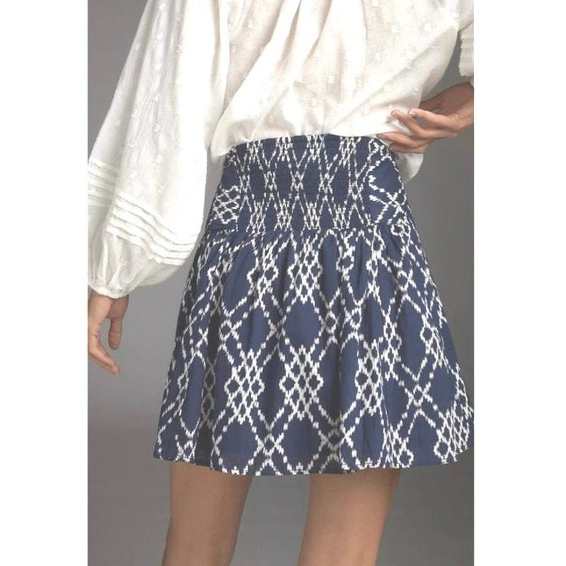 ANTHROPOLOGIE RIMBAUD SKIRT Tie Waist Mini Blue White Tassel Medium immagine 2