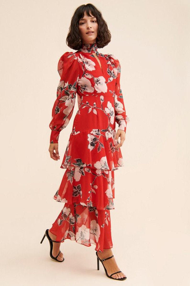 ANTHROPOLOGIE MAXI NWT Exquise Floral Tiered Mock Neck Dress Medium image 1