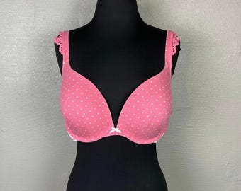 Cacique 42C Bra Pink White Boost Padded Underwire Back Closure Polka Dot & Lace