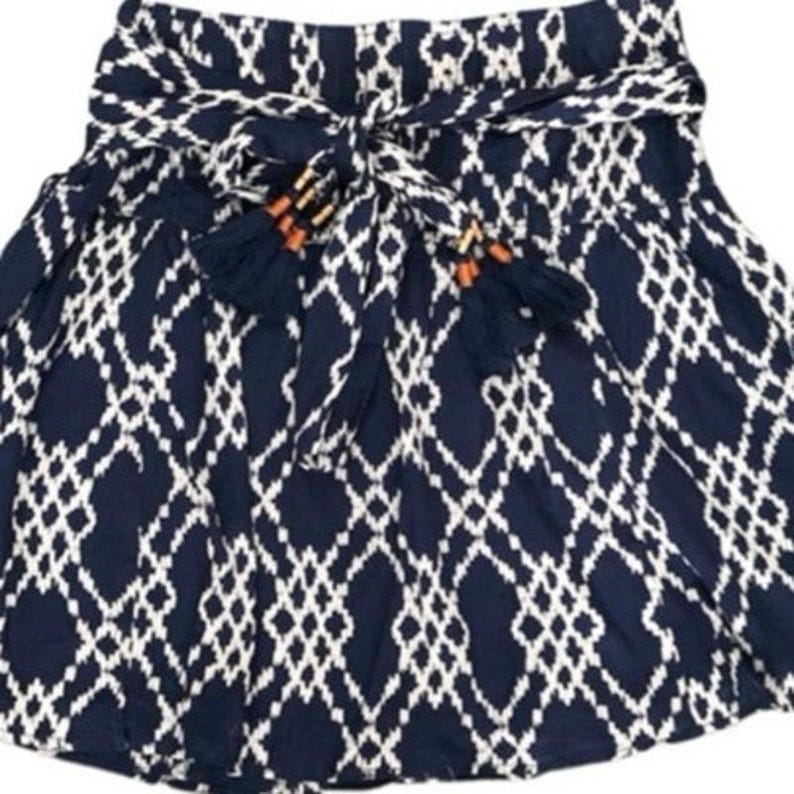 ANTHROPOLOGIE RIMBAUD SKIRT Tie Waist Mini Blue White Tassel Medium immagine 6