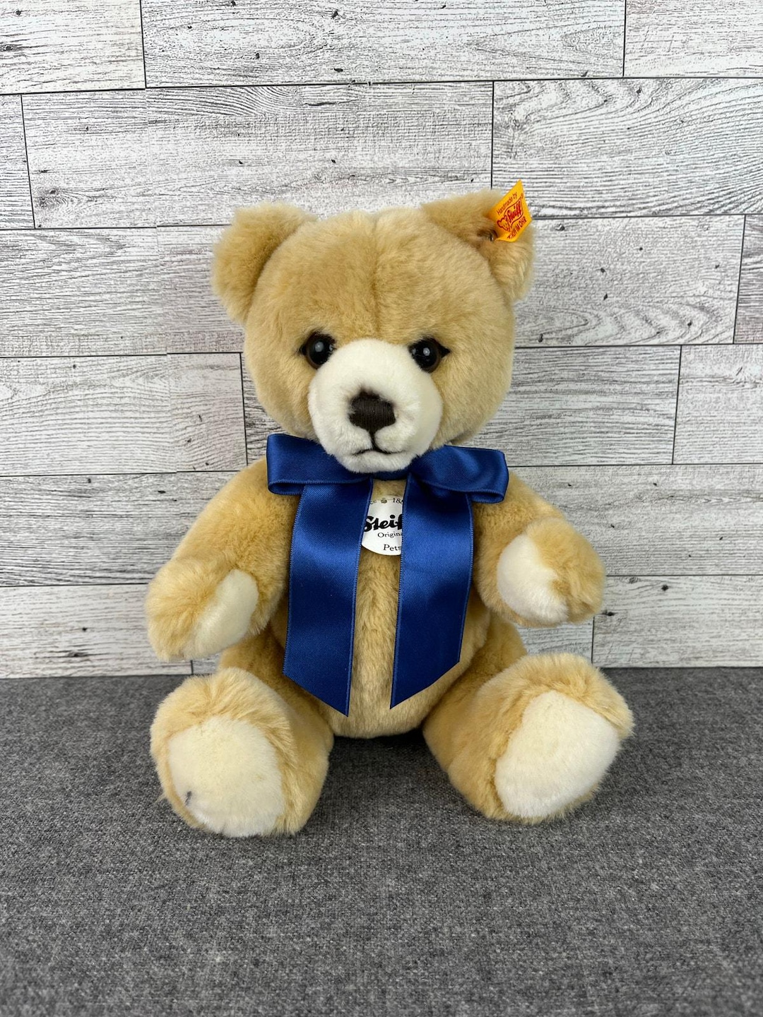 Steiff PETSY Teddy Bear Vintage Honey Plush COLLECTIBLE 8.5in BLUE