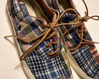 Polo Ralph Lauren Vaughn Madras Plaid Canvas en leren sneakers, maat 10.5