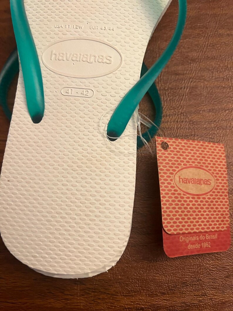 HAVAIANAS SLIM FLIP White Teal Logo Pop Up Sandals Womens 10 10.5 image 3