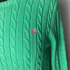LILLY PULITZER Maria Cotton Cableknit Sweater Green Medium Pink Logo image 3