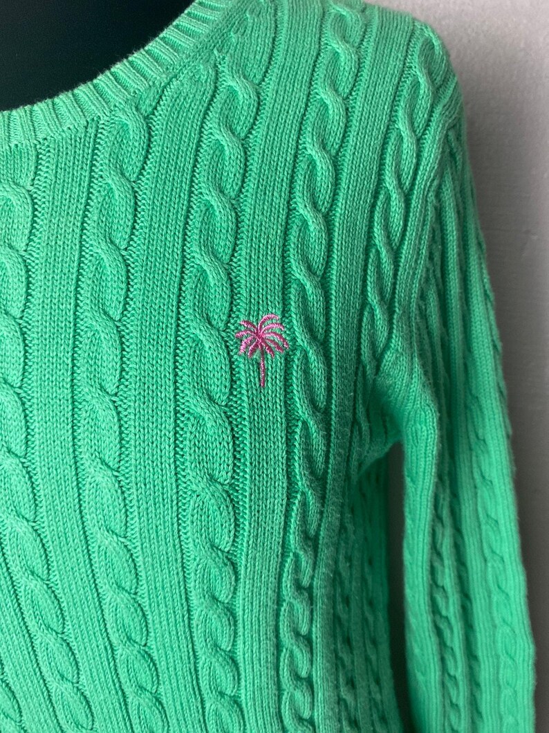 LILLY PULITZER Maria Cotton Cableknit Sweater Green Medium Pink Logo image 3