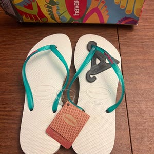 HAVAIANAS SLIM FLIP White Teal Logo Pop Up Sandals Womens 10 10.5 image 5