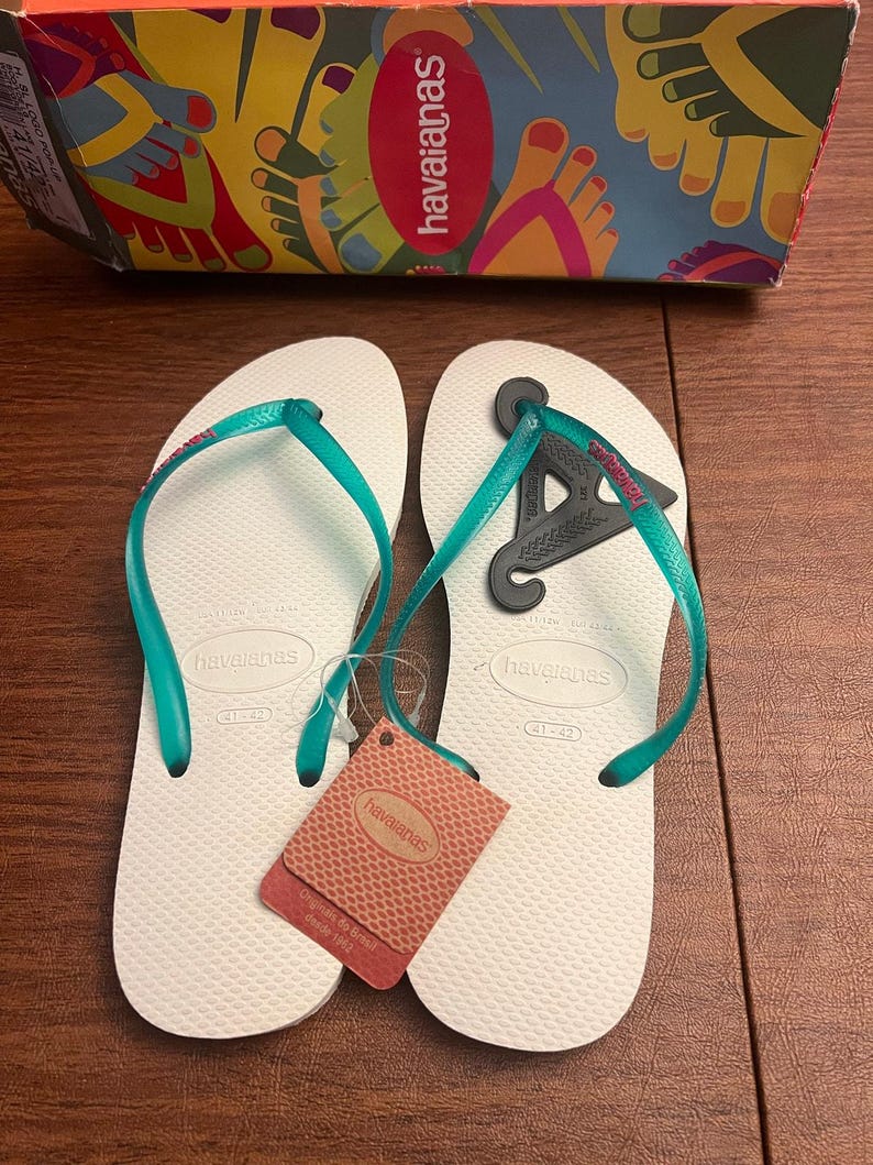 HAVAIANAS SLIM FLIP White Teal Logo Pop Up Sandals Womens 10 10.5 image 5