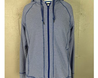 TALBOTS HOODIE Blue White Striped Cotton Blend Zip Front Womens Medium