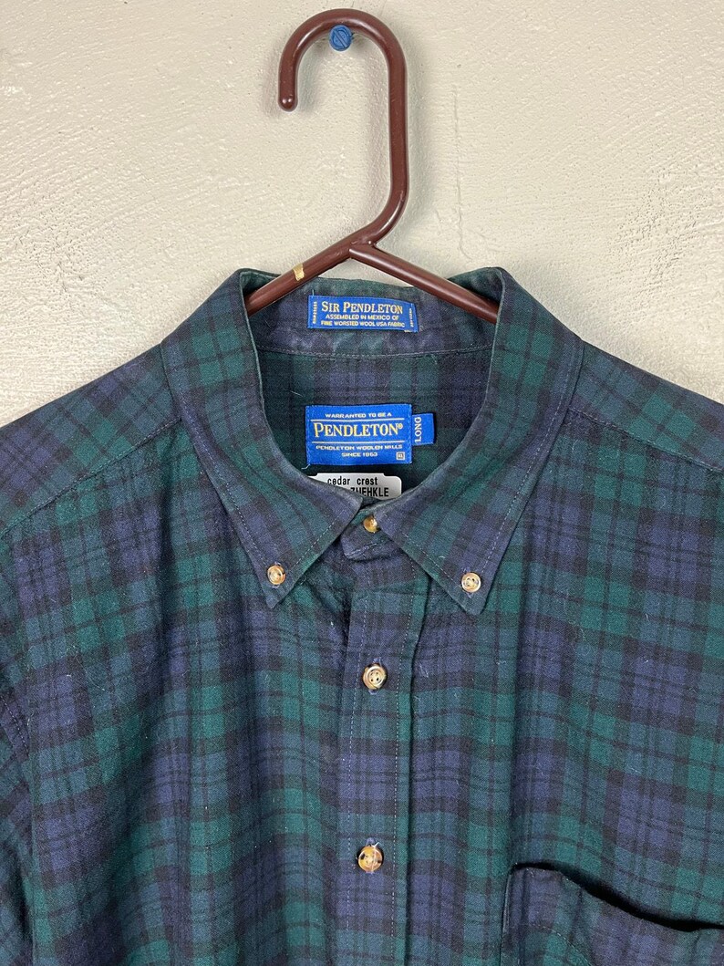 Vintage PENDLETON Men’s BLACKWATCH Tartan Wool Button Up Shirt XL Long image 2