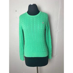 LILLY PULITZER Maria Cotton Cableknit Sweater Green Medium Pink Logo image 1