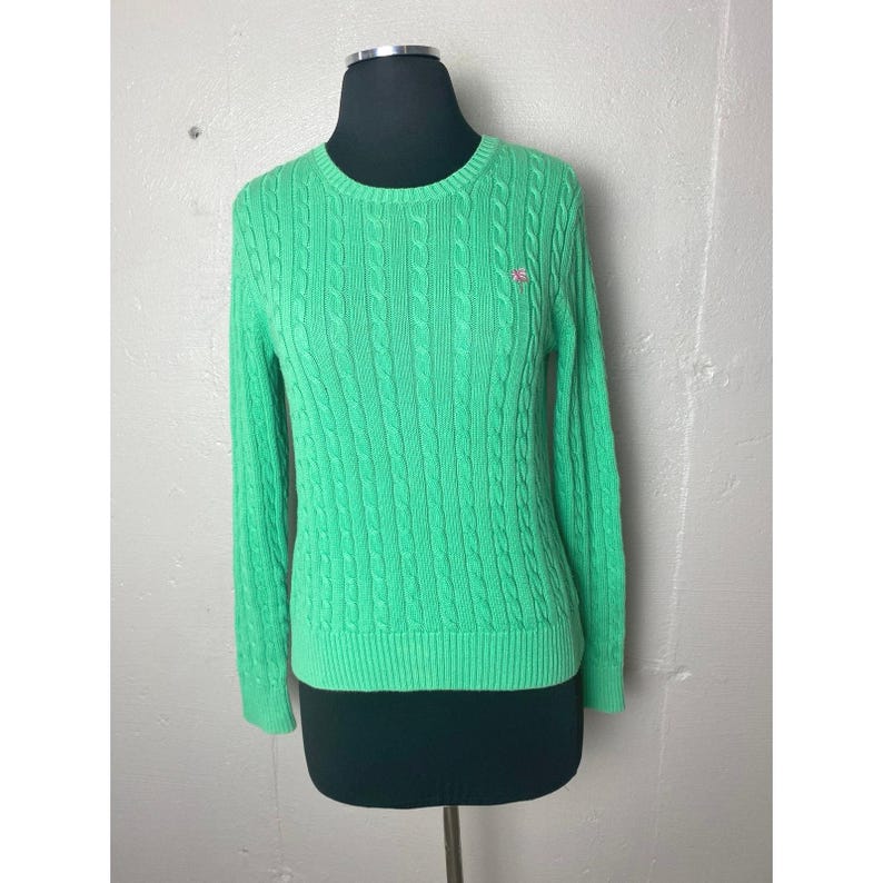 LILLY PULITZER Maria Cotton Cableknit Sweater Green Medium Pink Logo image 1