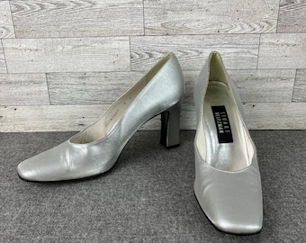 STUART WEITZMAN VINTAGE Silver Metallic Square Toe Chunky Heel Pumps Size 9B