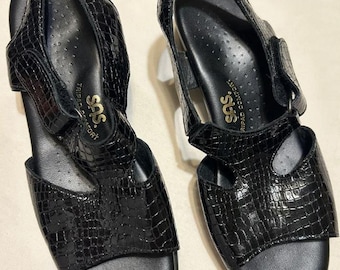 SAS Suntimer Womens Size 8N BLACK Croc Leather Comfort Slingback Sandals NWOT