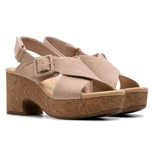 CLARKS NERISA COMFORT Sandal Cork Wedge Nubuck Slingback Beige Size 10 afbeelding 2