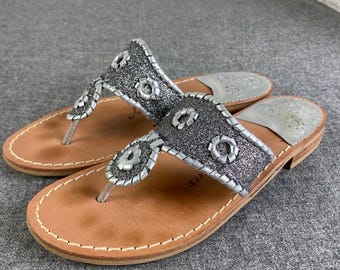 JACK ROGERS NAVAJO Leather Sandals Silver Thong Flat Slip On Size 6.5