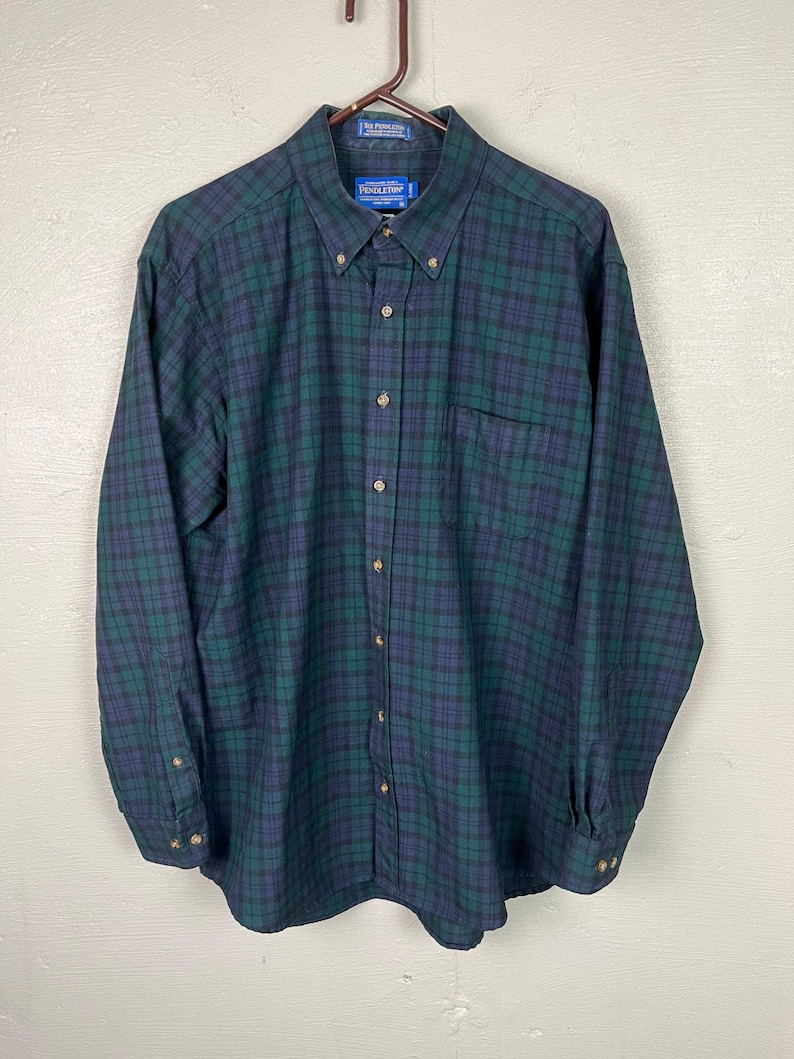 Vintage PENDLETON Men’s BLACKWATCH Tartan Wool Button Up Shirt XL Long image 1