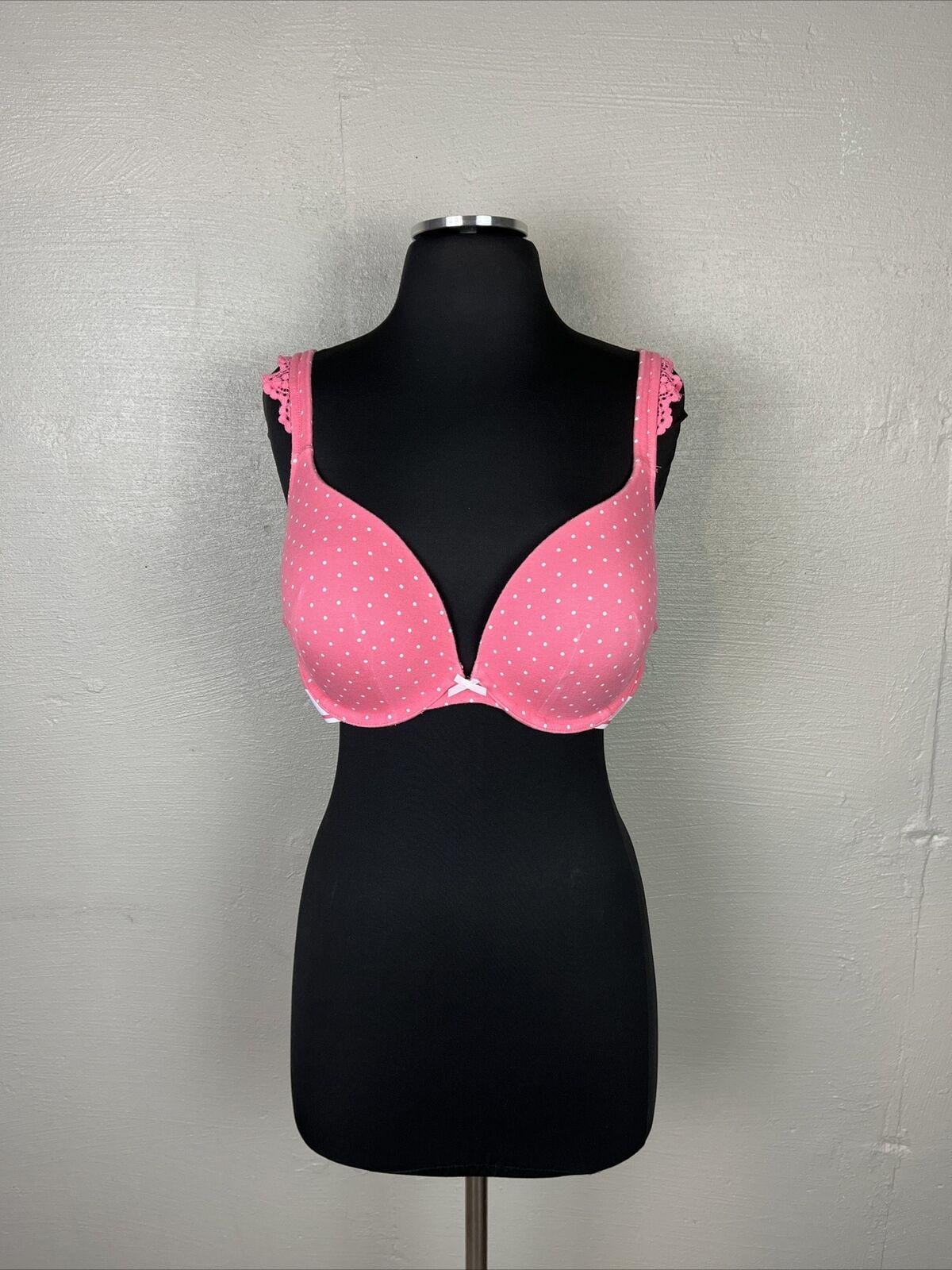 Cacique 42C Bra Pink White Boost Padded Underwire Back Closure Polka Dot & Lace
