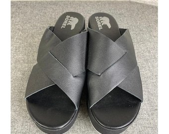 Sorel WOMENS CAMERON Black Platform Sandals Size 10 Comfort Slide