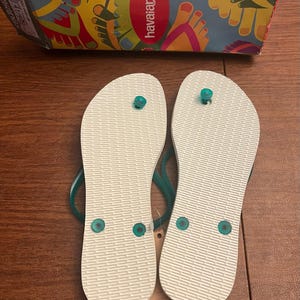 HAVAIANAS SLIM FLIP White Teal Logo Pop Up Sandals Womens 10 10.5 image 2