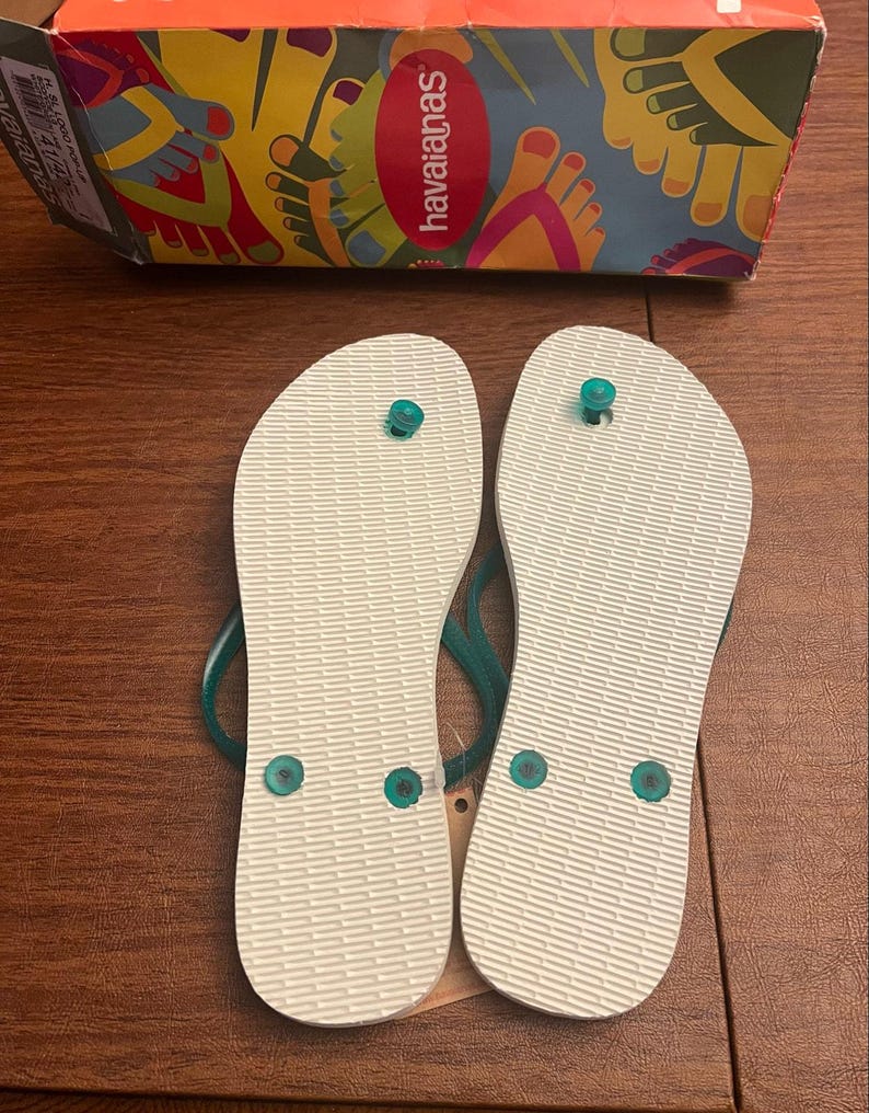 HAVAIANAS SLIM FLIP White Teal Logo Pop Up Sandals Womens 10 10.5 image 2