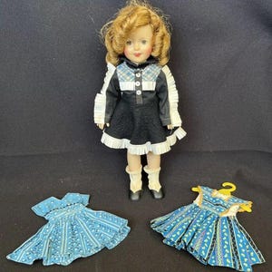 12” Vintage Shirley Temple Doll Tagged Western Dress RARE BLUE YOKE +Two Dresses