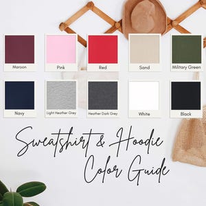 a color guide for sweatshirt and hoodie colors, with various shades of maroon, pink, red, sand, navy, light grey, heather grey, white, black, and a beige mesh bag.