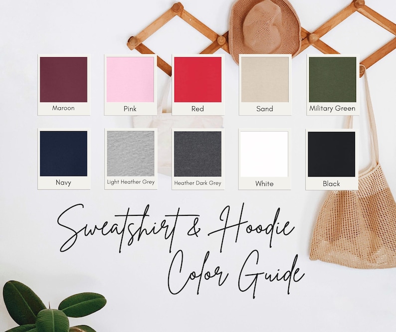 a color guide for sweatshirt and hoodie colors, with various shades of maroon, pink, red, sand, navy, light grey, heather grey, white, black, and a beige mesh bag.