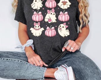 Coquette Halloween Shirt: Pink Bow Ghost & Pumpkin Graphic Tee