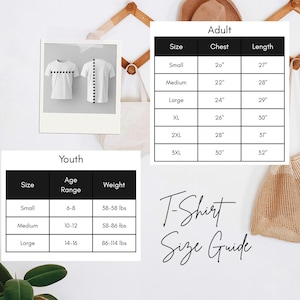 The image is a collage of three separate images: a photograph of two t-shirts, a size chart, and a t-shirt size guide.