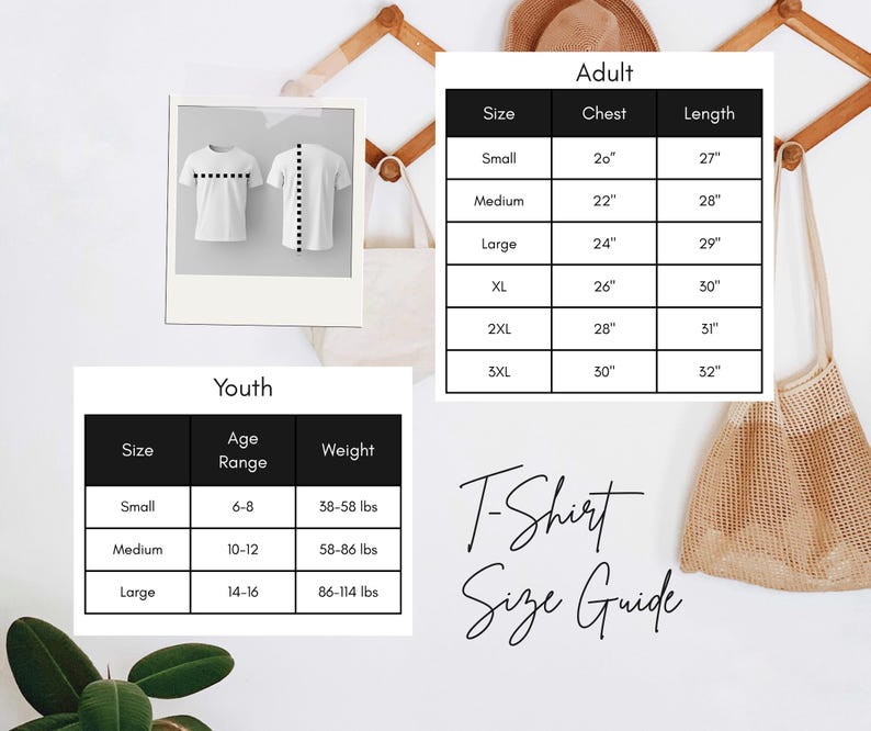 The image is a collage of three separate images: a photograph of two t-shirts, a size chart, and a t-shirt size guide.