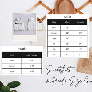 a size and age range guide for a youth sweatshirt and a hoodie, with tables and illustrations to help visualize the different sizes available.