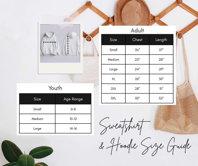 a size and age range guide for a youth sweatshirt and a hoodie, with tables and illustrations to help visualize the different sizes available.