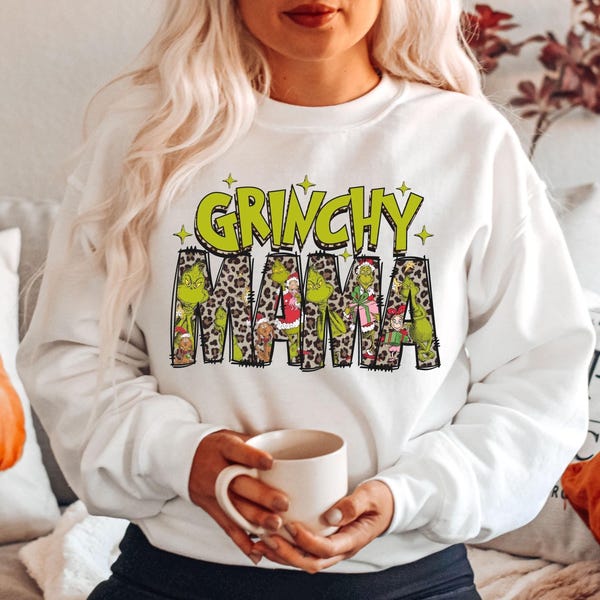 Grinchy Mama Christmas Sweatshirt, Cute Leopard Grinch Graphic Holiday Top, Christmas Outfit for Mom, Grinchy Women Xmas, Christmas Mom Gift