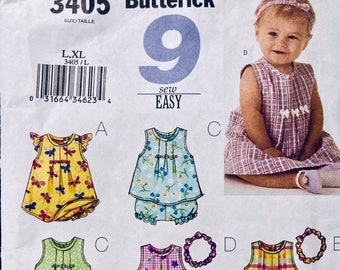 Robe, haut, barboteuse, culotte, chapeau et bandeau pour bébés Modèle de couture... Butterick 3405... Taille L-XL Poids 22-29 livres Complet