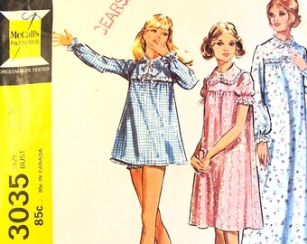 Vintage 1970's Nightgowns and Pajamas Sewing Pattern McCall's 3035 bust 42-44 or  34-36 inches Choice
