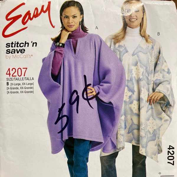 Misses' Poncho Sewing Pattern....McCall's 4207..Size XL-XXL.Bust 42-48 Inches..Easy to Sew Uncut Complete...Polar Fleece, Wool....Cozy gift