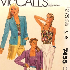 Misses&#39; Jacket and Camisole Sewing Pattern McCall&#39;s 7455  Misses&#39; Size 12 Bust 34 inches  Complete Uncut