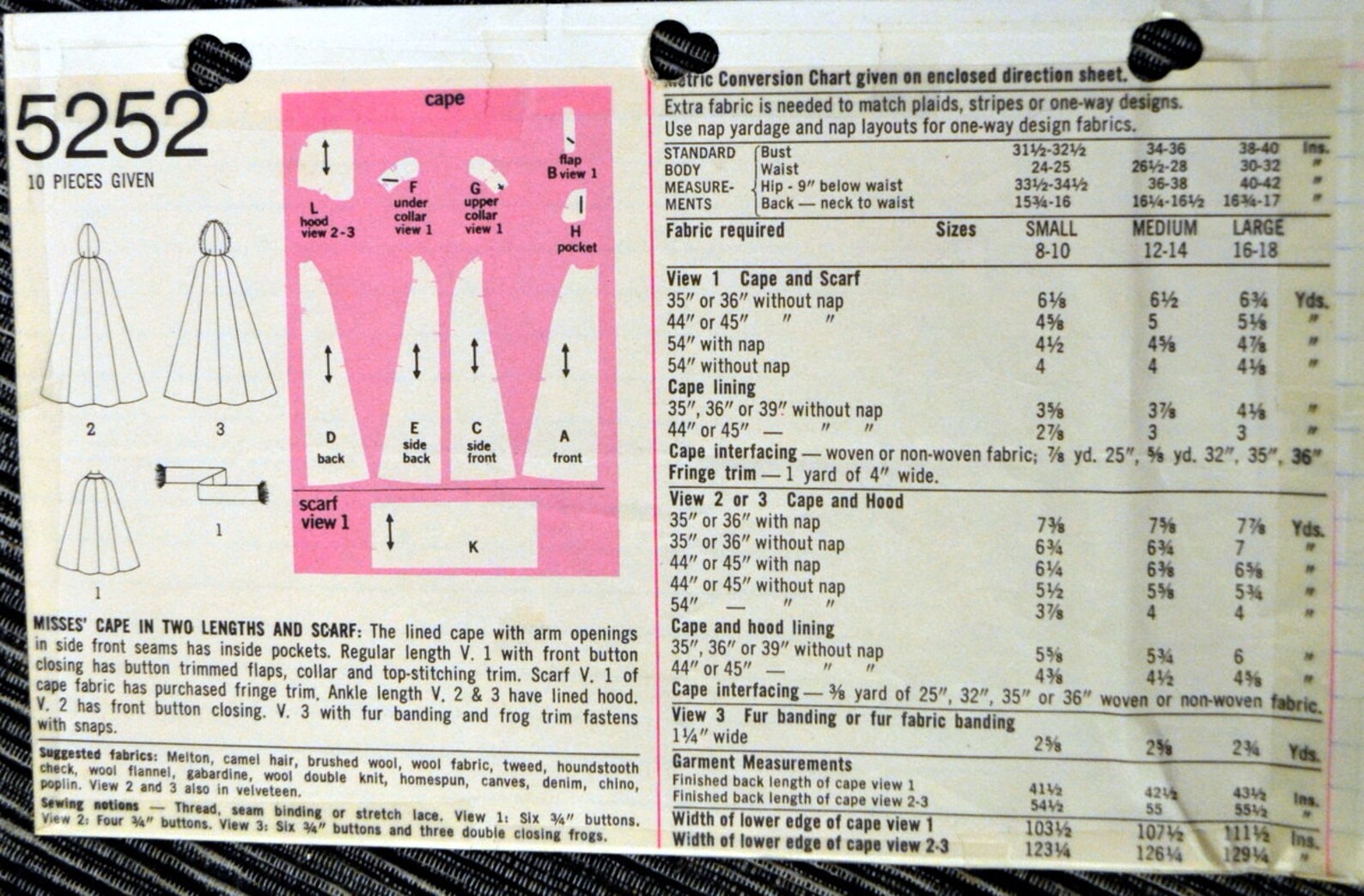1970's Misses' Cape in Two Lengths and Scarf Sewing Pattern Simplicity ...