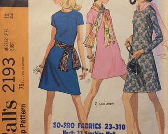 60's Misses' Dress and Scarf Sewing Pattern McCall's 2193 size 12 Bust 34 inches  Complete Sewing Pattern