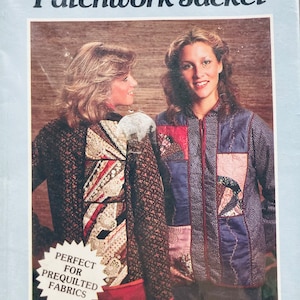 May include: A vintage sewing pattern for a patchwork jacket. The pattern includes instructions for two sizes: Small/Medium and Medium/Large. The image shows two women wearing the finished jackets, one in a brown floral print and the other in a blue patchwork design. The pattern is perfect for using prequilted fabrics.