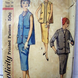 May include: Vintage Simplicity sewing pattern number 474 for a sleeveless dress and jacket. The pattern is for size 14 with a bust measurement of 34 inches. The pattern is printed on a white background with red and black text. The pattern includes illustrations of the garments.
