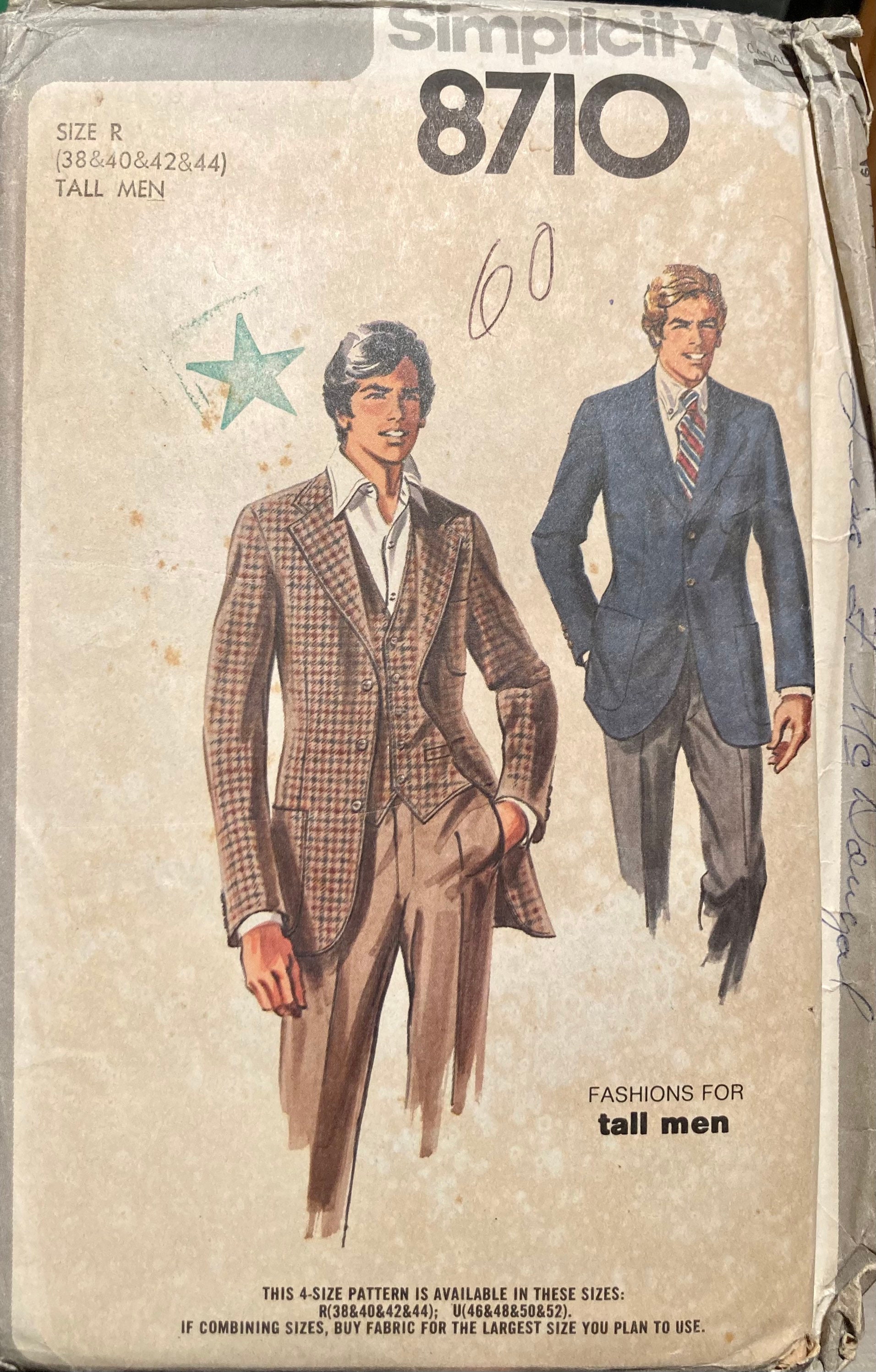 Tall Men s Lined Jacket And Vest Sewing Pattern Height 5 11 6 3 
